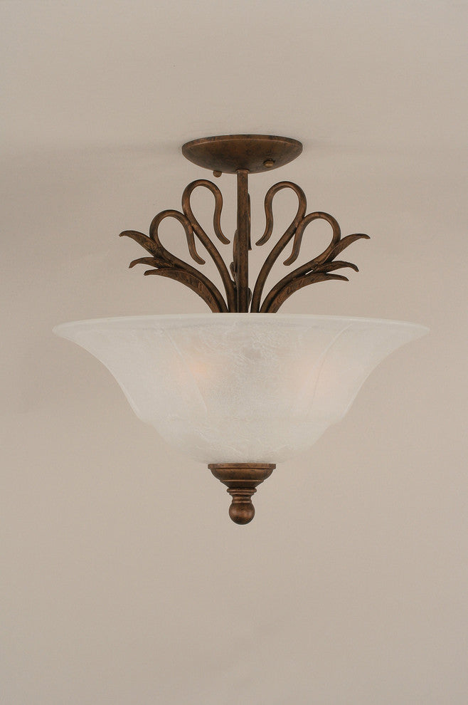 Swan Semi-Flush With 3 Bulbs In Bronze, 16" White Marble Glass