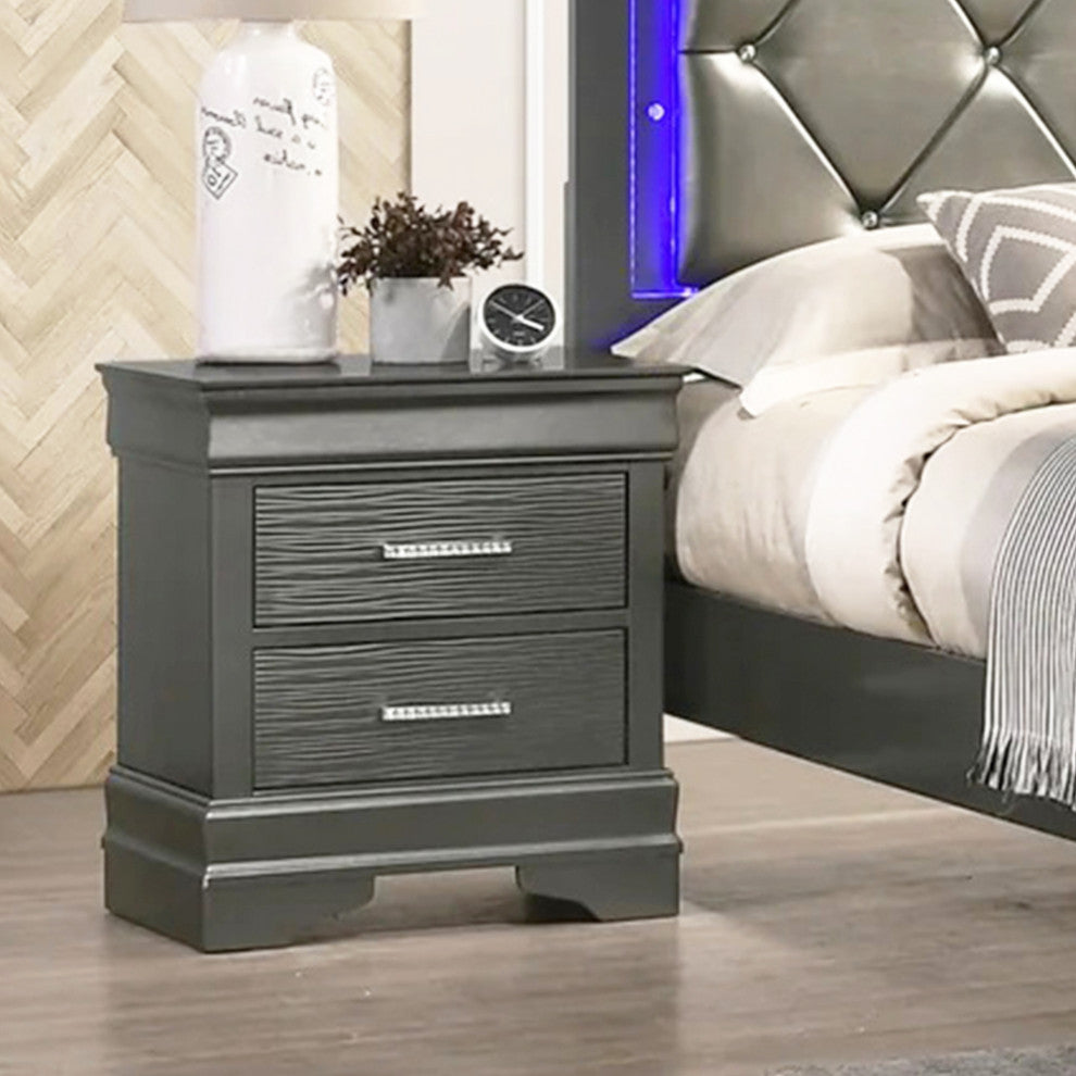 2-Drawers Wooden Nightstand With Bar Pull Handles, Dark Gray