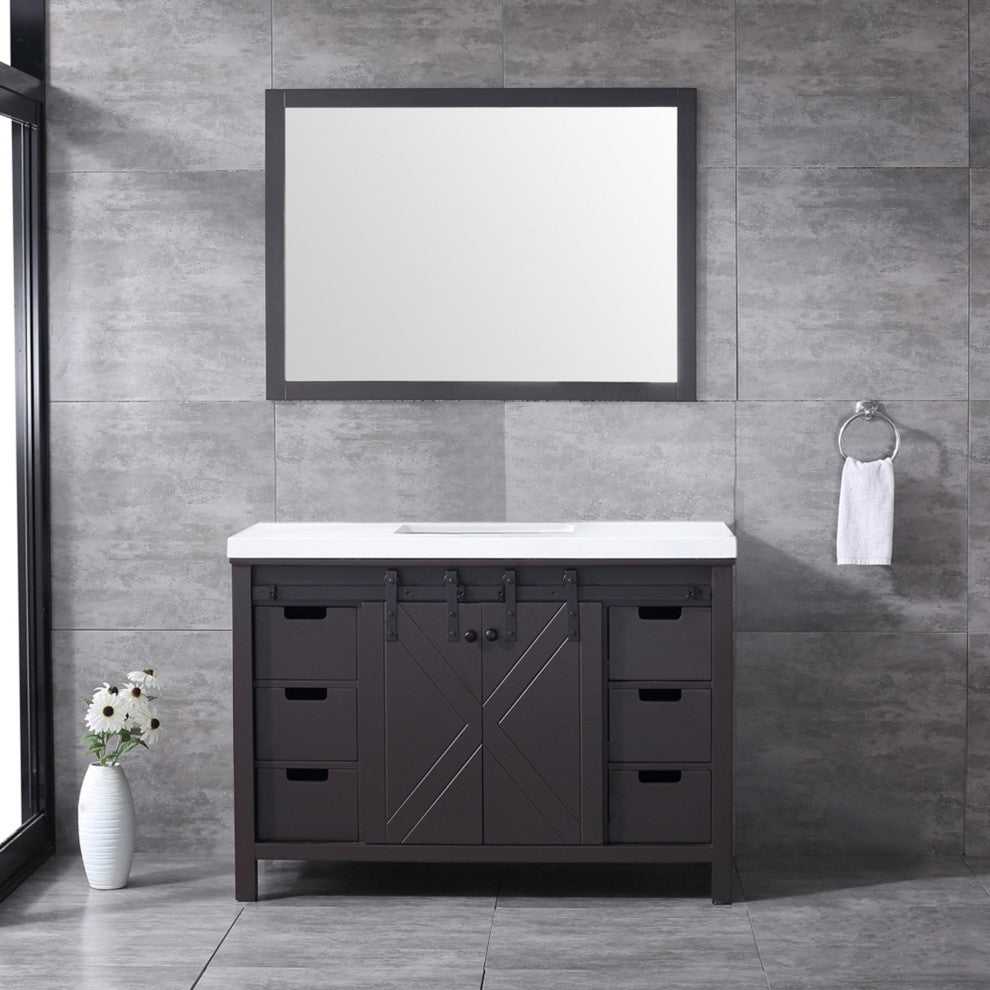 Marsyas 48" Brown Single Vanity Cabinet Quartz Top Square Sink, 44" Wall Mirror