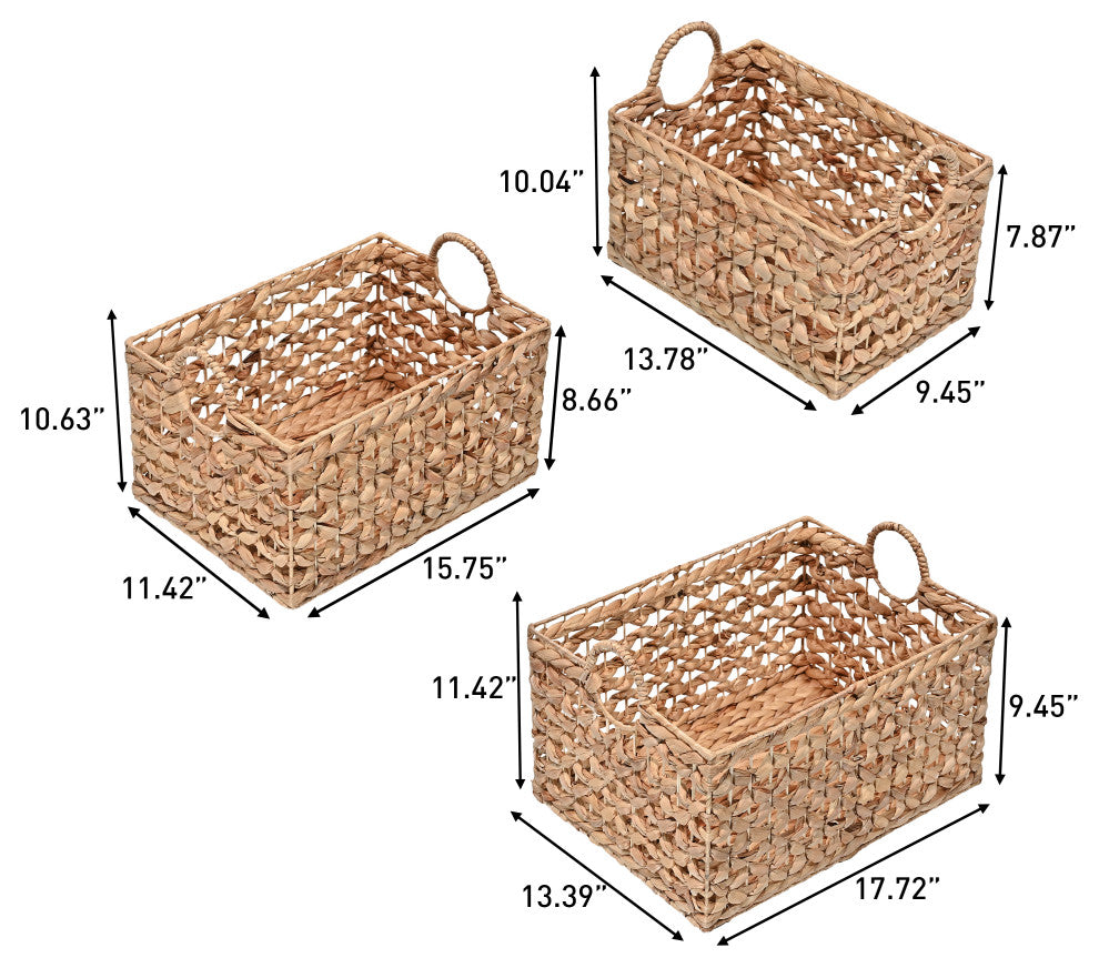 Quinn Cottage Woven Hyacinth Rectangular Storage Baskets With Handles, Set of 3