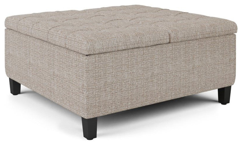 36" Wide Square Coffee Table Storage Ottoman In Platinum Tweed Look Fabric