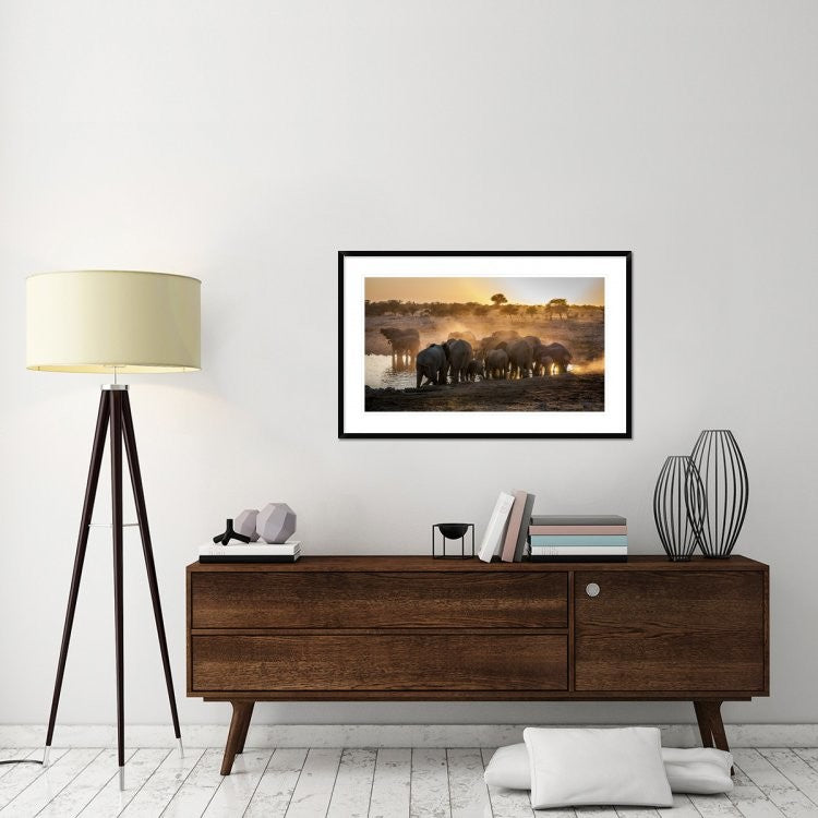 "Elephant Huddle" Framed Digital Print by Simon Van Ooijen, 44x28"
