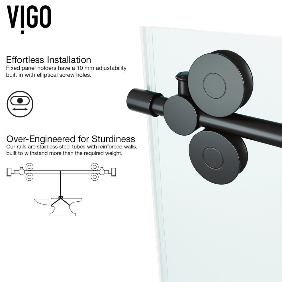 VIGO Elan 56" to 60" W x 74" H Frameless Sliding Shower Door, Matte Black, Clear Glass
