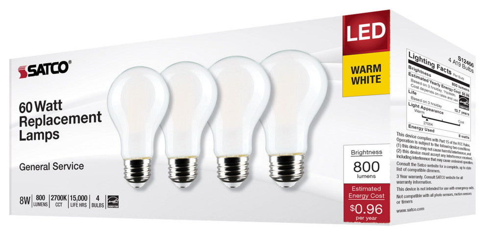 8W A19 LED, Soft White, 2700K, Medium Base, 120V, 4-Pack