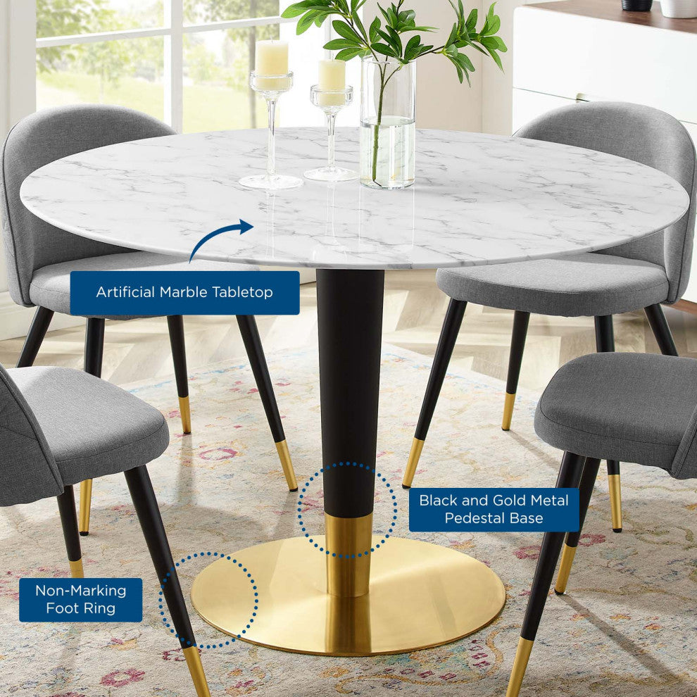Dining Table, Round, Artificial Marble, Metal, Gold White, Modern, Cafe Bistro