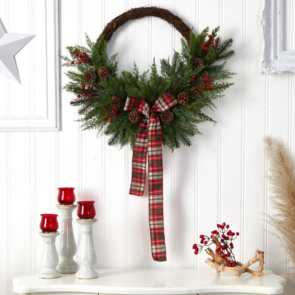 28" Pine and Pinecone Artificial Christmas Wreath With Decorative Bow