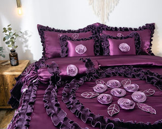 Purple Midnight Bloom Faux Satin Ruffle Comforter Set, Cal King
