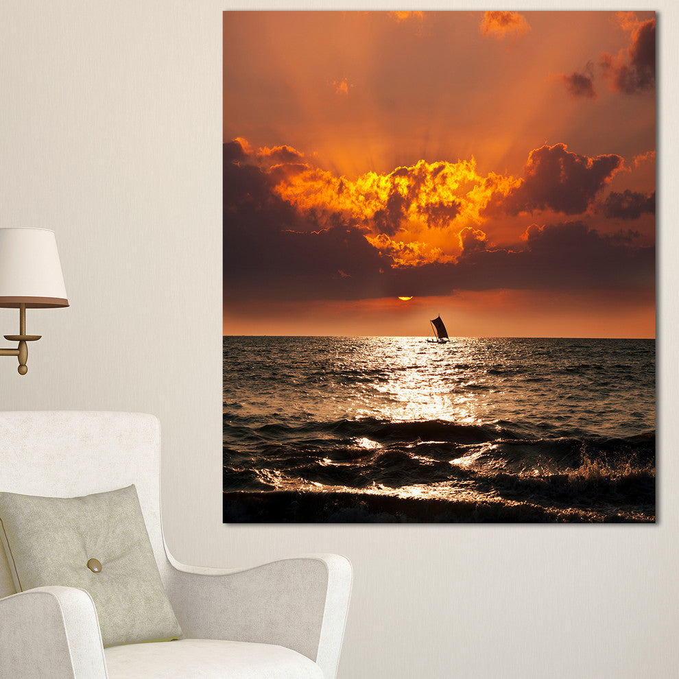 Sunset Beach with Distant Sail Boat, Seashore Canvas Art Print, 30"x40"