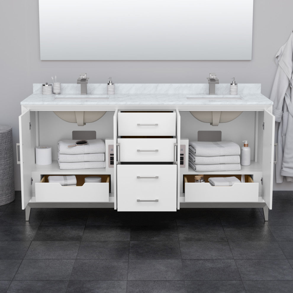 Amici 72" White Double Vanity, Carrara Cultured Marble Top, Satin Bronze Trim
