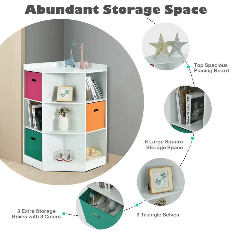 Corner Bookcase, Triangle Center Shelves & 6 Open Cubbies With 3 Baskets, White