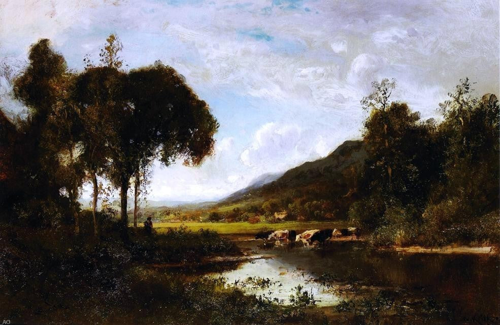 William Keith Cattle Watering at a Pond with a Shepherd Nearby Wrapped Canvas