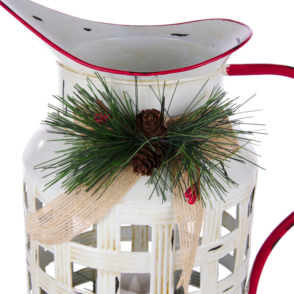 White Metal Pitcher with Candle DÃ©cor and LED Light