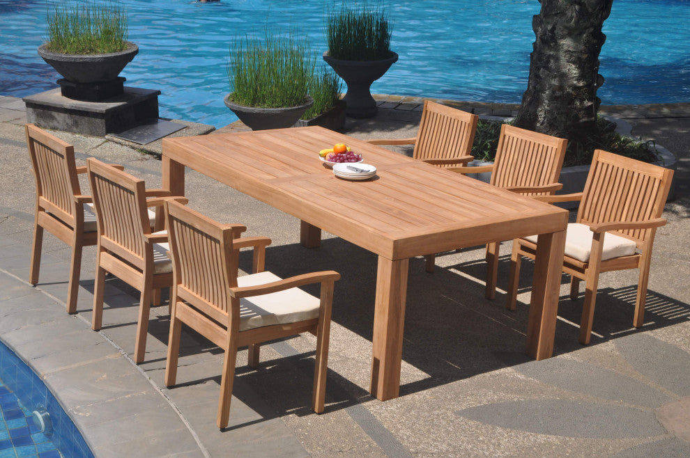 7-Piece Outdoor Teak Dining Set: 86" Rectangle Table, 6 Leveb Stacking Arm Chair