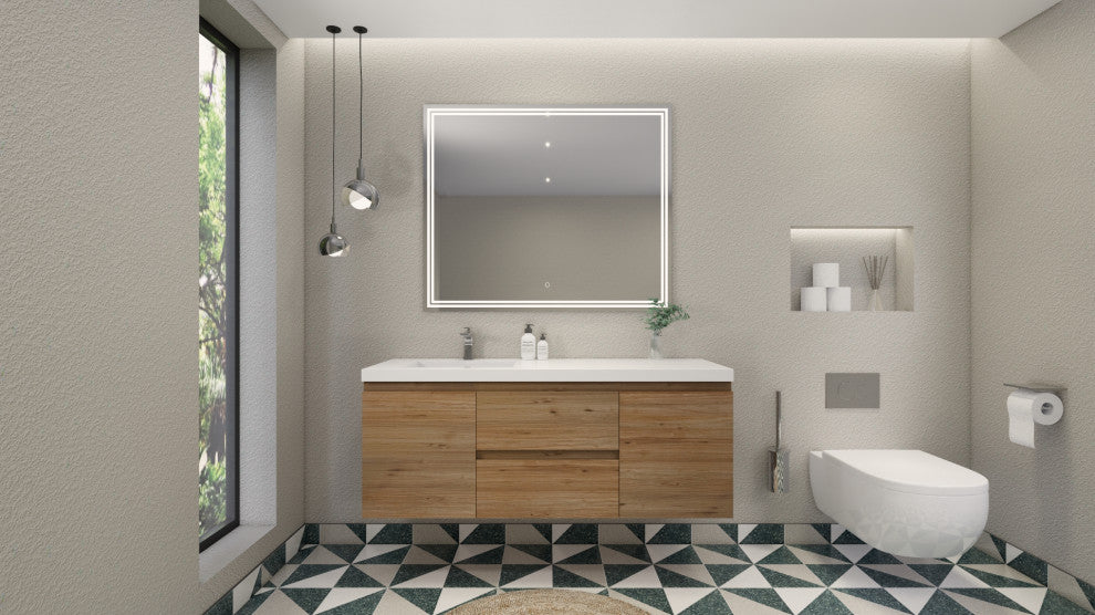 Belli 60" Left Single Sink Wall Mount Vanity, Natural Oak, Glossy White Top