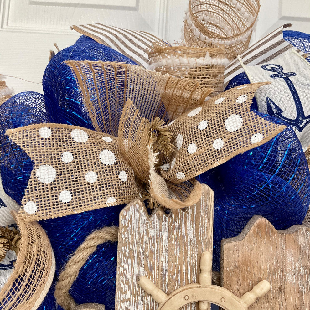 Nautical Captains Wheel Welcome Wreath Handmade Deco Mesh