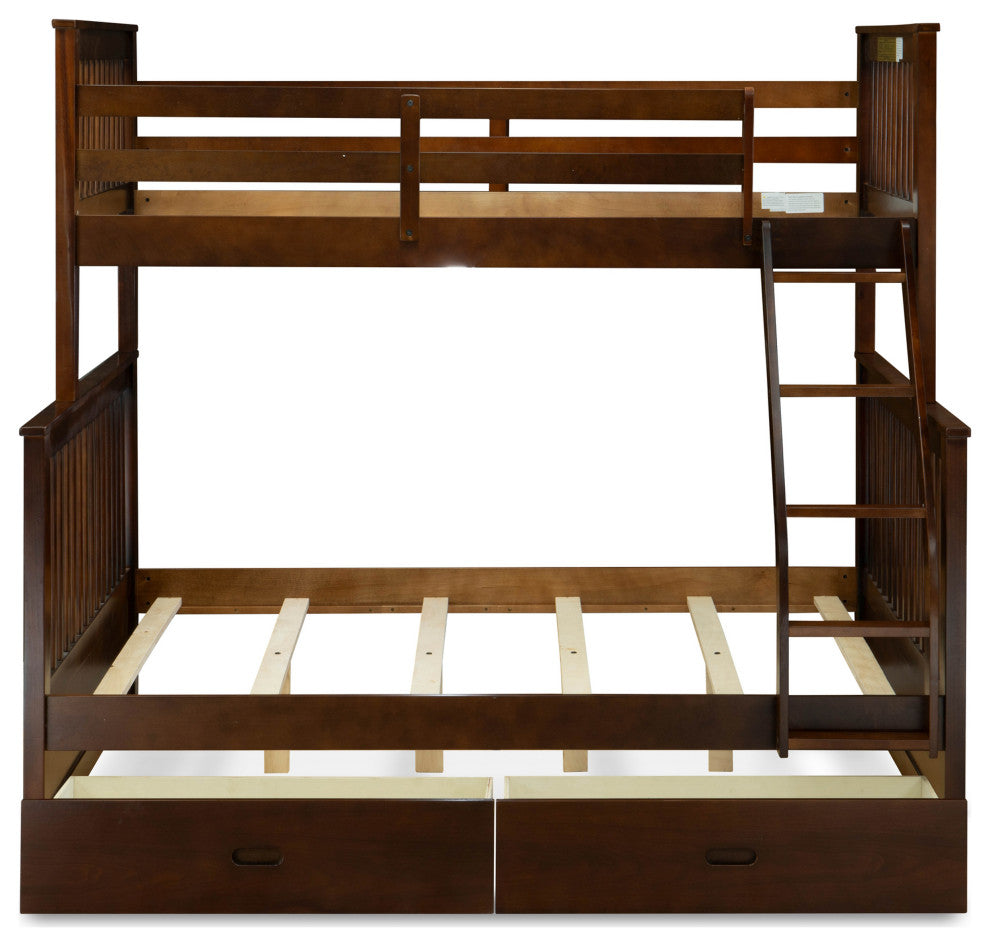 Twin Bed, Two Split Beds, The Both Beds Secure Due To Guard Rails, Walnut Finish