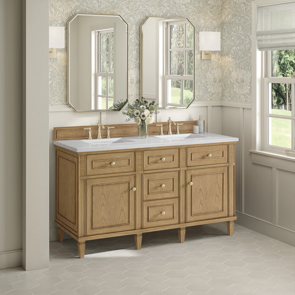 Lorelai 60" Double Vanity, Light Natural Oak, 3 CM Arctic Fall Solid Surface Top