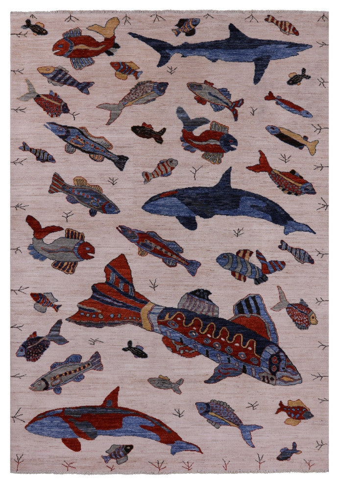 6' 0" X 8' 10" Gabbeh Fish Design Handmade Wool Rug Q10398