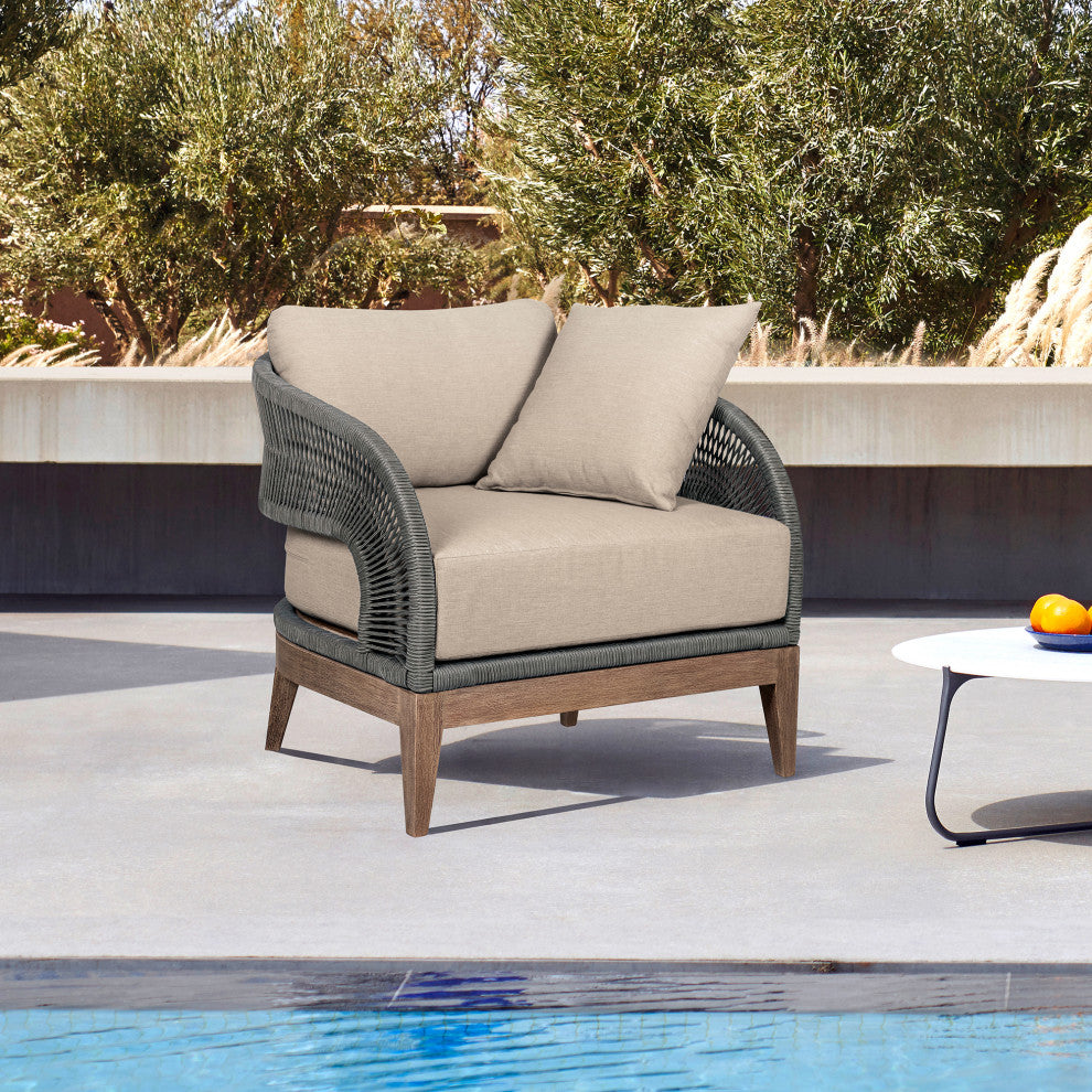 Orbit Outdoor Patio Chair Eucalyptus Wood With Gray Rope/Taupe Olefin Cushions
