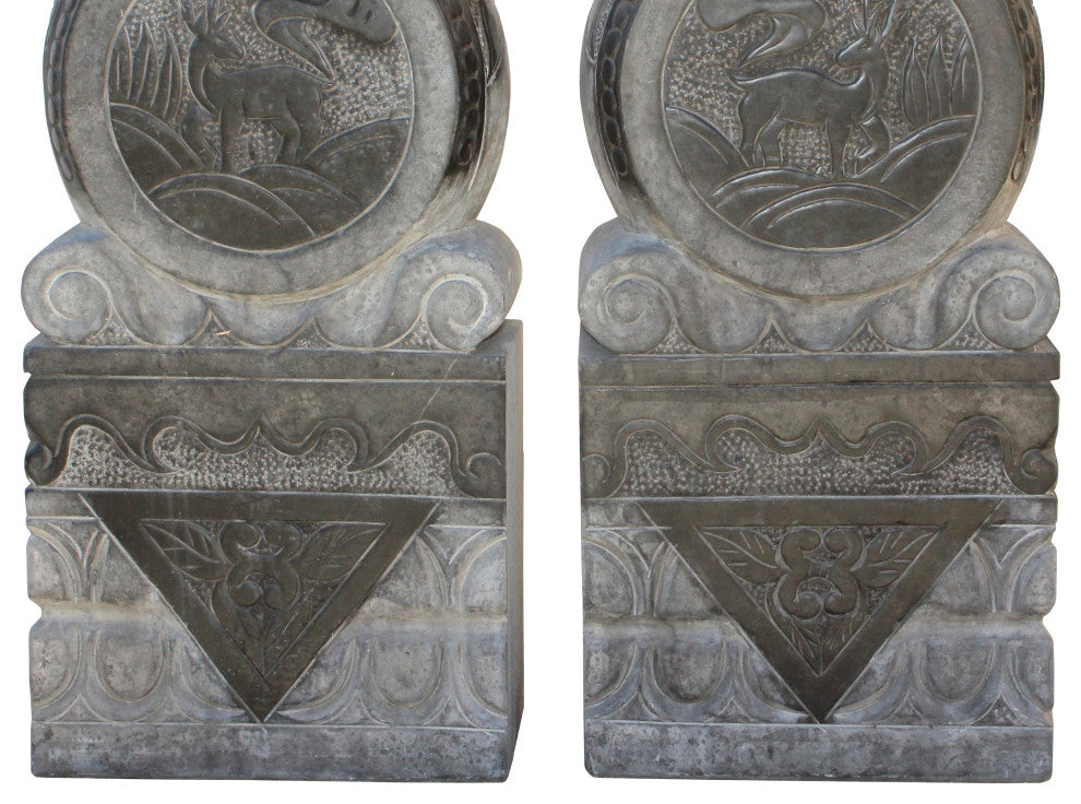 Chinese Pair Gray Black Stone Fengshui Foo Dogs Door Block Drum Statue Hcs4769