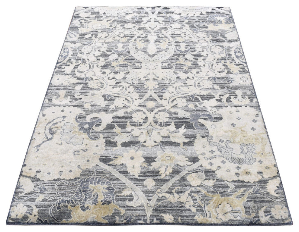 Thunder Gray Hunting Design Silk With Wool Hand Knotted Oriental Rug 4'x6'3"