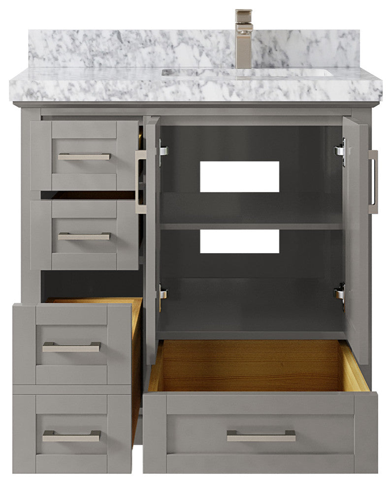 Boston 36 Right Offset Bath Vanity in Elephant Skin Gray 2" Carrara Marble