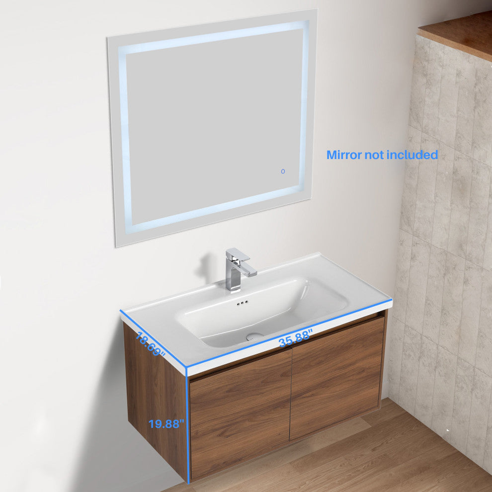 Wall Mounted Bathroom Vanity, Brown Walnut, 36" W/ Sink