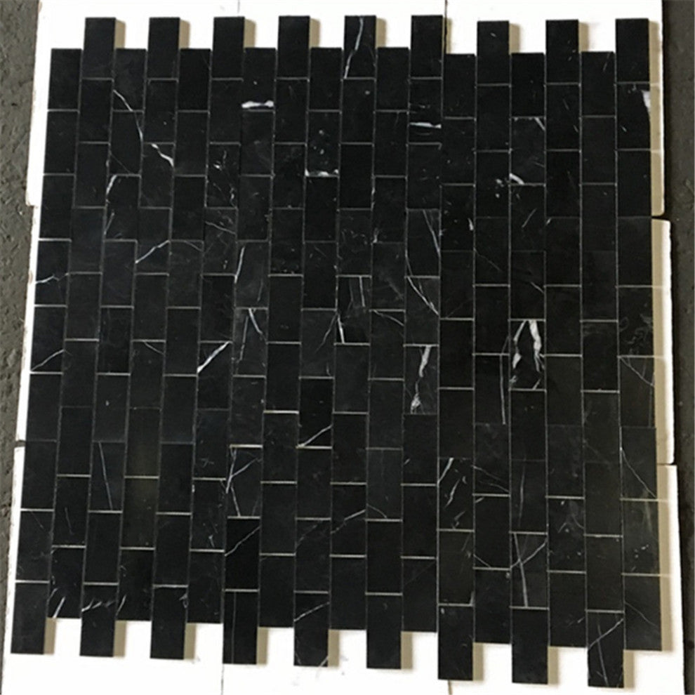 Nero Marquina Black Marble 2x4 Brick Subway Mosaic Tile Polished, 1 sheet