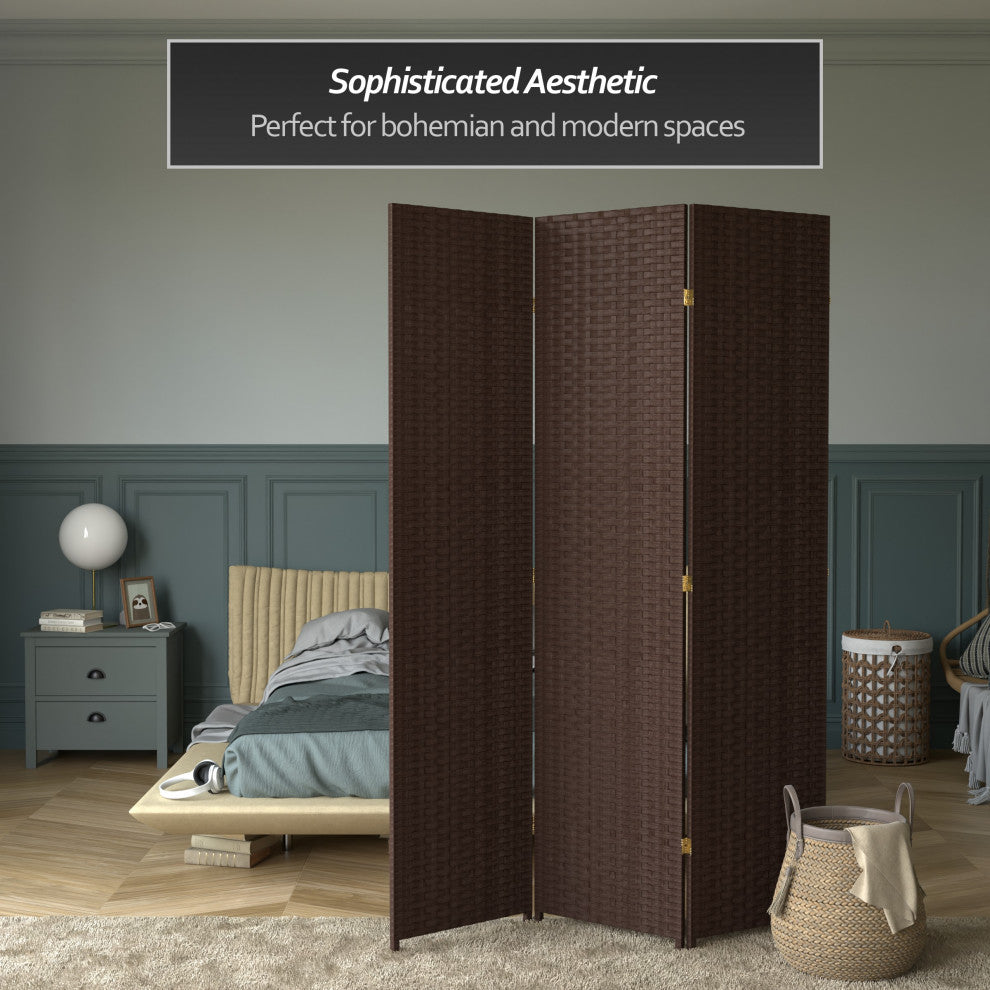 7' Tall Woven Fiber Room Divider, Dark Mocha, 3 Panel