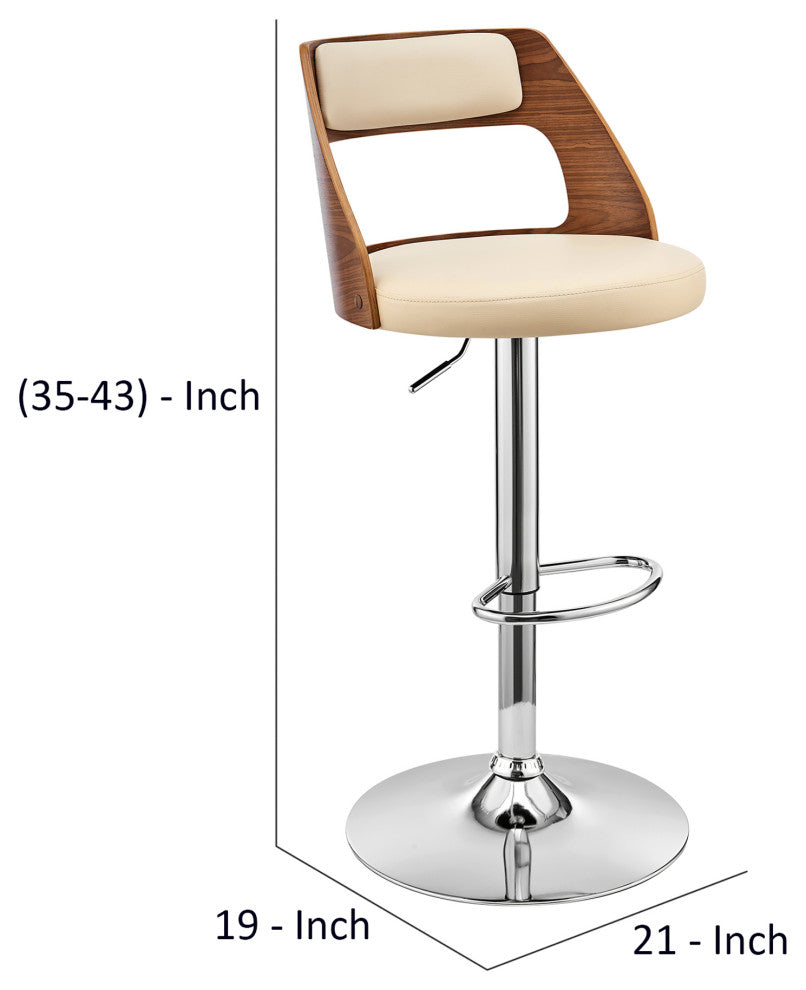 Adjustable Barstool with Open Wooden Back, Cream and Brown