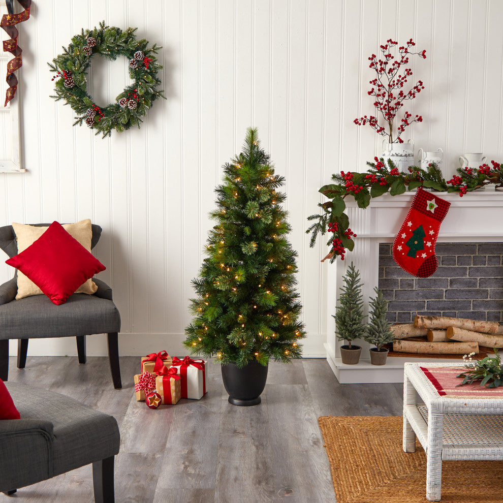 4.5' Oregon Pine Faux Xmas Faux Planter W/250 Bendable Branches & 100 Lights