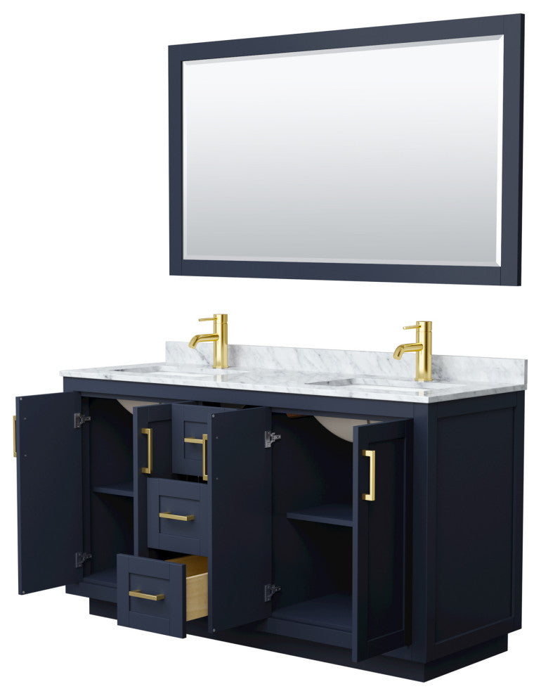 60"DBL Bathroom Vanity Dark Blue, Carrara Countertop, Sinks, Gold Trim,58"Mirror