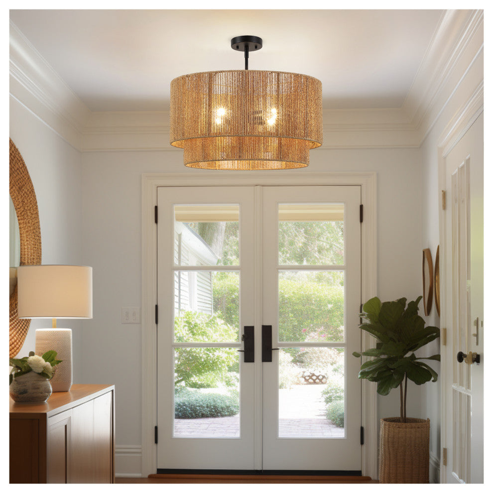 22"W 4-Light Rattan Tiered Drum Chandelier Light With Black Canopy, Natural