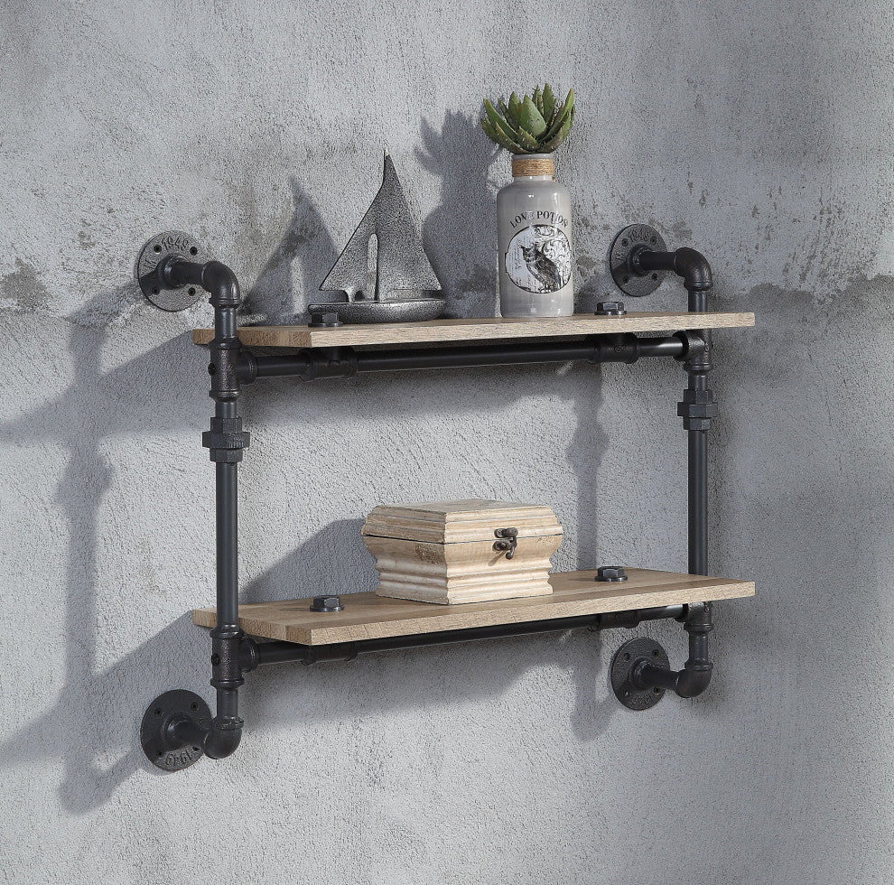 ACME Brantley Wall Rack With 2 Shelves, Oak and Sandy Black Finish