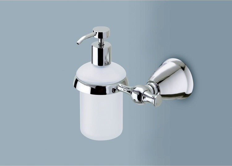 Frosted Glass Soap Dispenser With Polished Chrome Wall Mount and Hand Pump