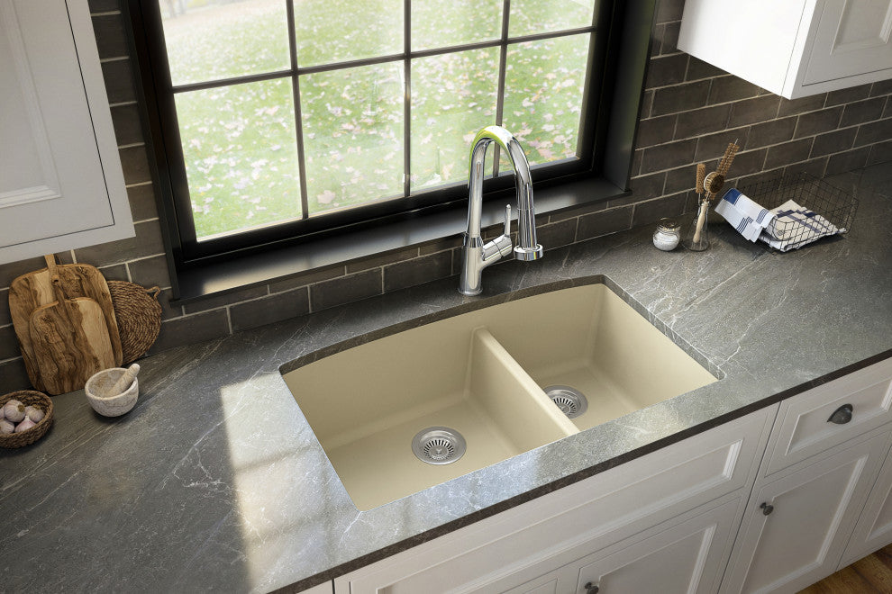 Karran Undermount Quartz 32" 60/40 Double Bowl Kitchen Sink Kit, Bisque