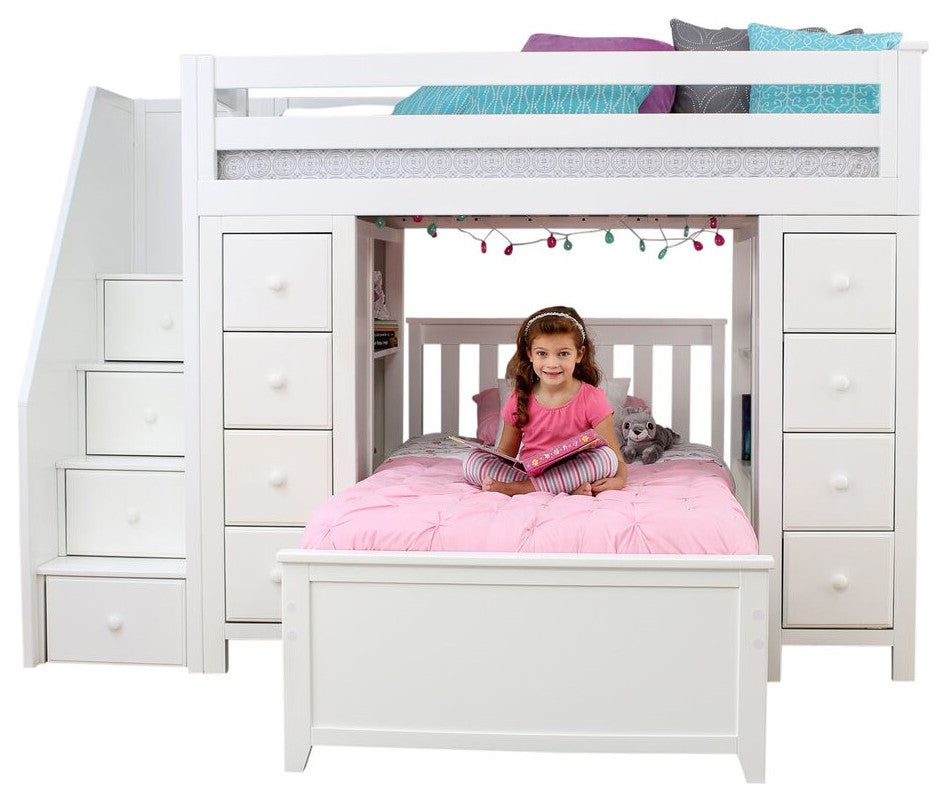 Chelsea Twin Twin L Shaped Storage Loft Bed with Stairs, White