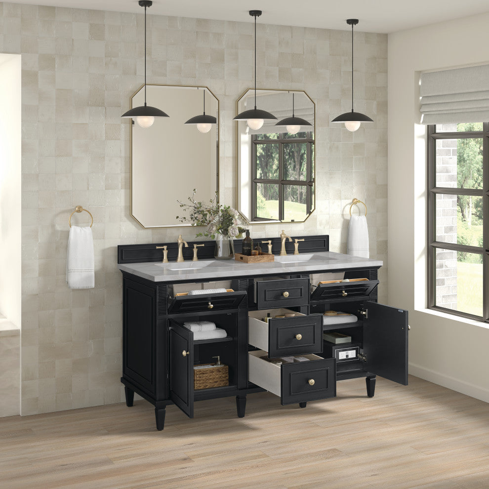 Lorelai 60" Double Vanity, Black Onyx, 3 CM Victorian Silver Top
