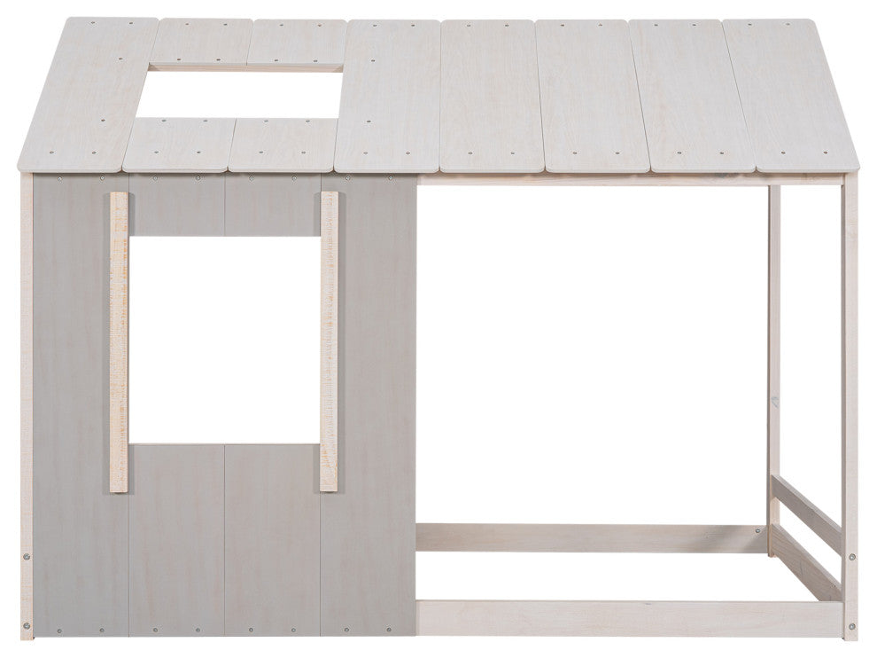 Gewnee Twin Size House Platform with Roof and Window , In Grey