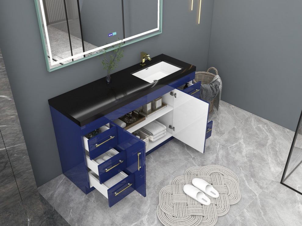 Rosa 60" Free Standing Modern Vanity, High Gloss Night Blue, Matt Black Top