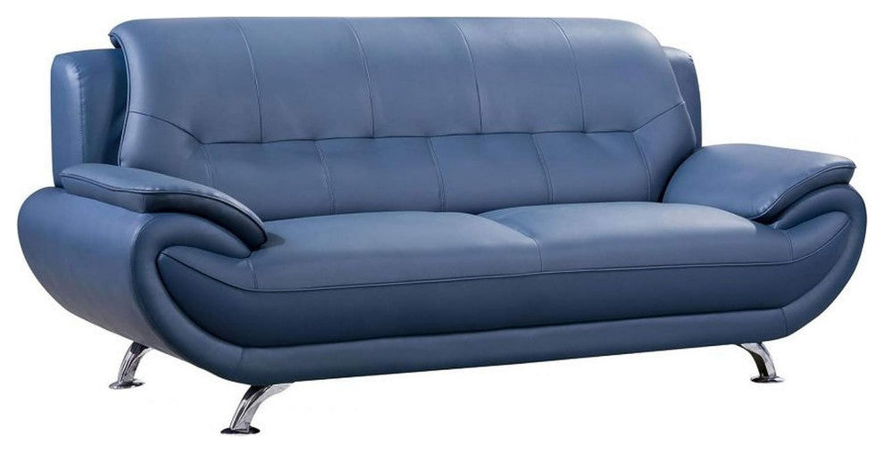 Benzara BM226686 Faux Leather Sofa With Curved Back and Pillow Top Armrest, Blue