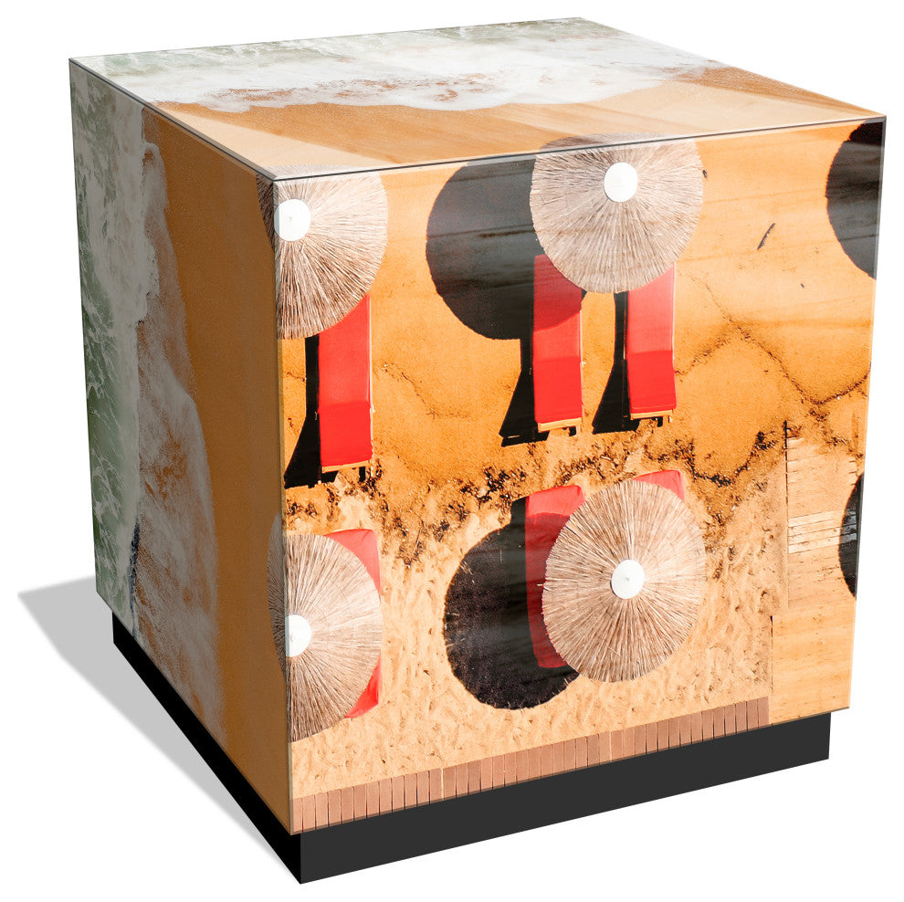 "Beach Bliss II" Reverse Printed Beveled Glass Side Table with Black Plinth Base