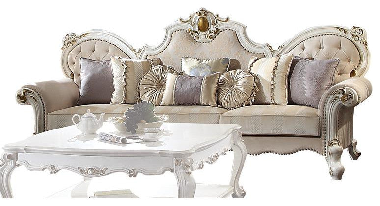 ACME Picardy Fabric Tufted Oversized Sofa with 8 Pillows in Antique Pearl