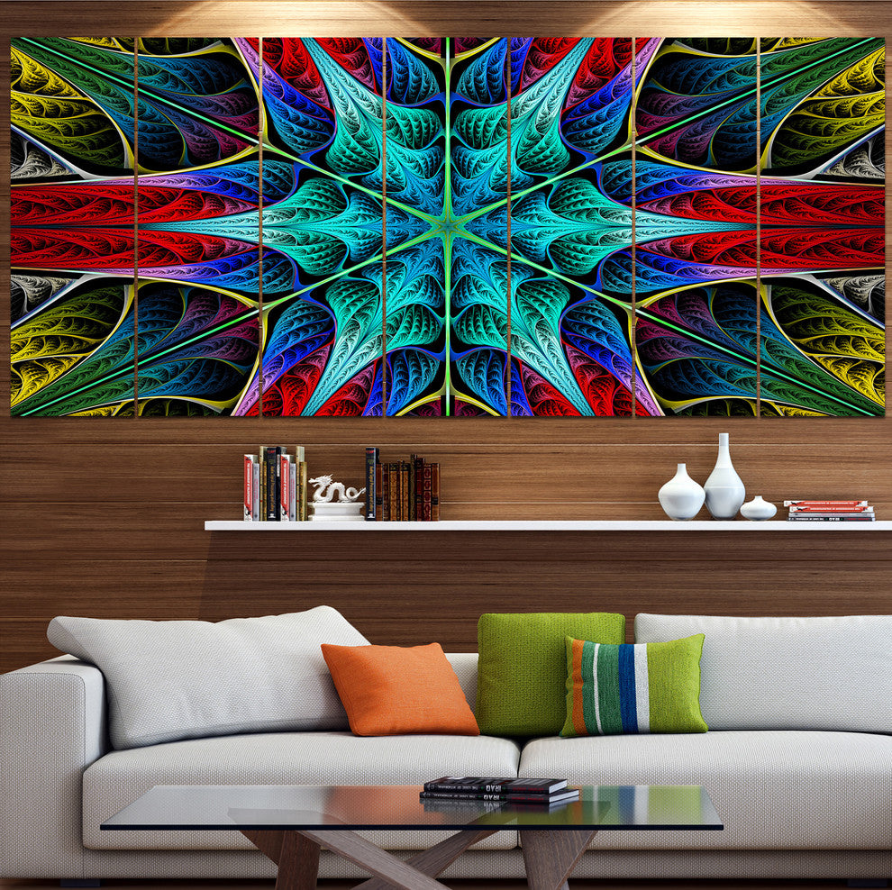 Glowing Fractal Flower Layers, Abstract Canvas Art Print, 83"x32", 7 Panels