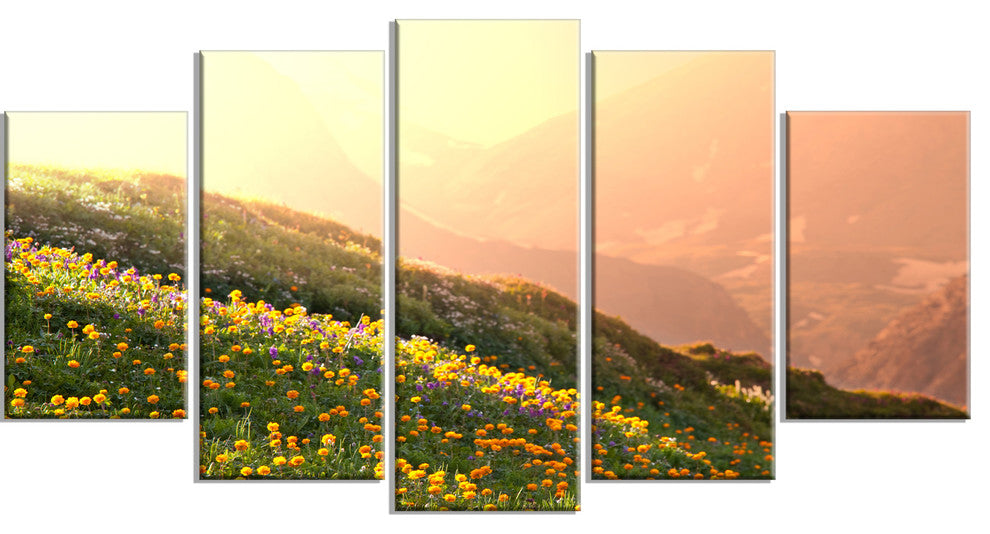 Flowering Mountain Meadow View, Landscape Canvas Art, 60"x32", 5 Panels