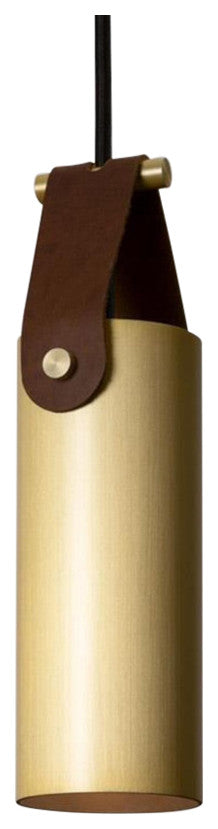 Spero Pendant, Brushed Brass, Brown Leather, Incandescent