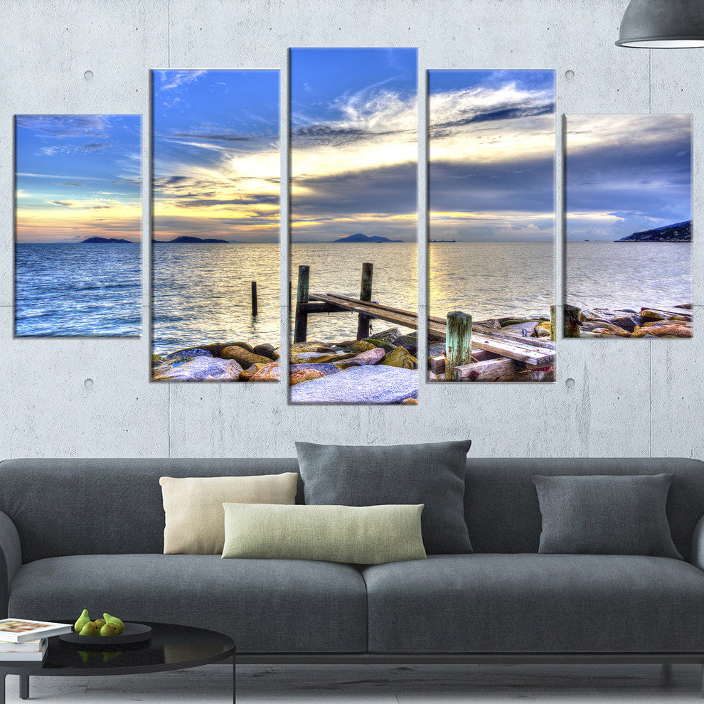 "Makeshift Wooden Pier into the Sea" Large Wall Artwork, 5 Panels