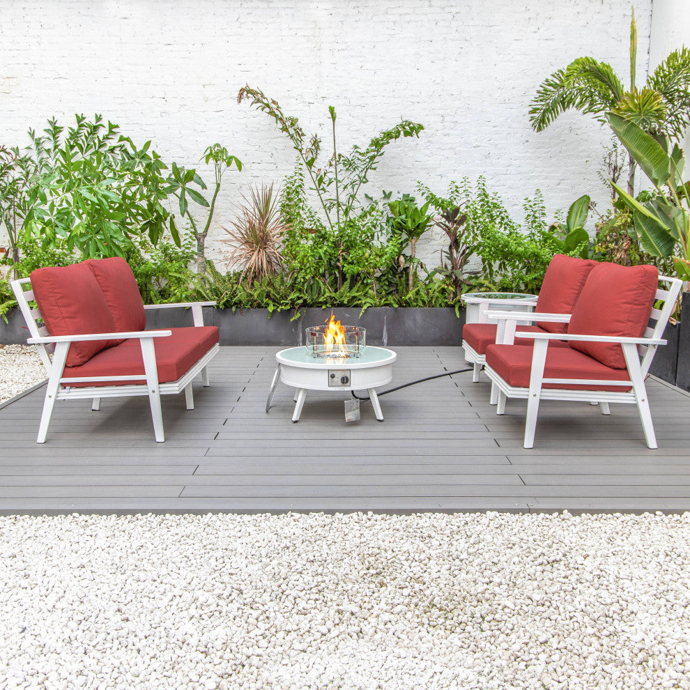 LeisureMod Walbrooke White Patio Conversation Set With Fire Pit, Red