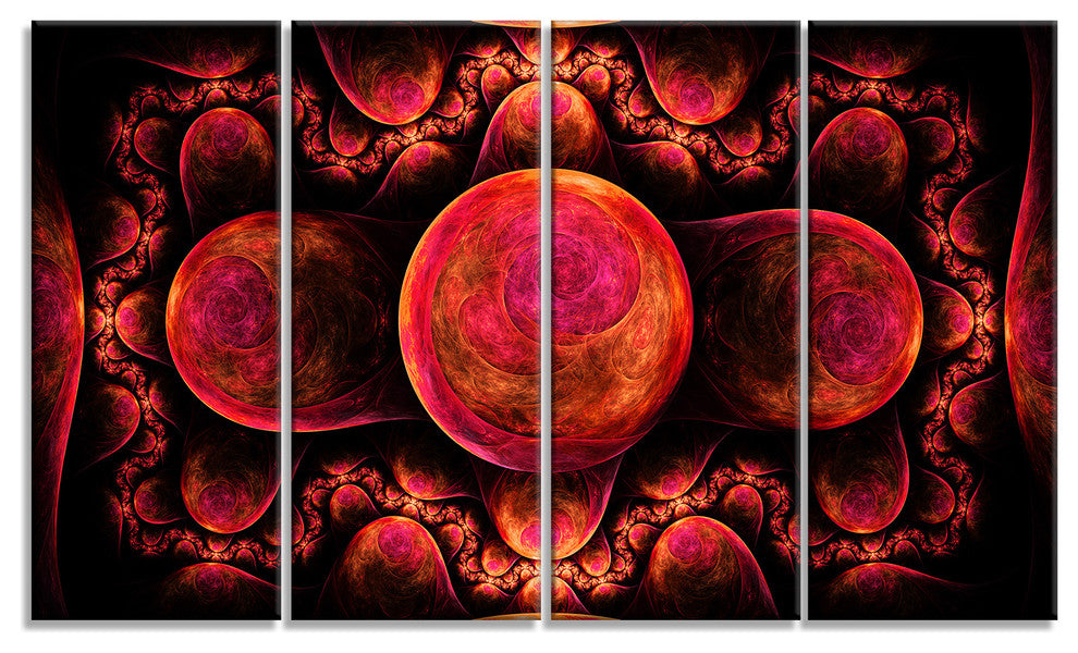 Red Exotic Fractal Pattern, Abstract Art on Canvas, 48"x28", 4 Panels
