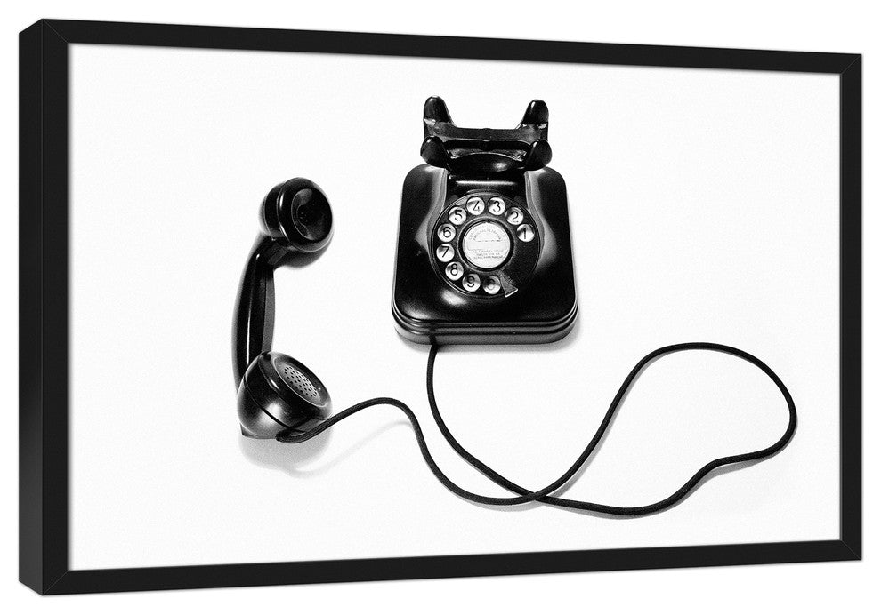Black and White Vintage Telephone 20x30 Black Framed Canvas